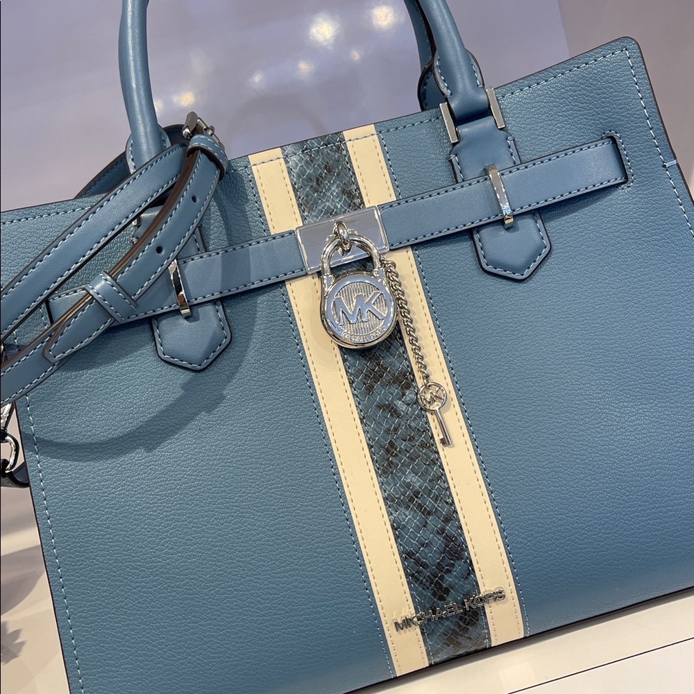 MICHAEL KORS Hamilton Md Leather and Snake Embossed Stripe Satchel
Cornflower - Picture 2 of 16